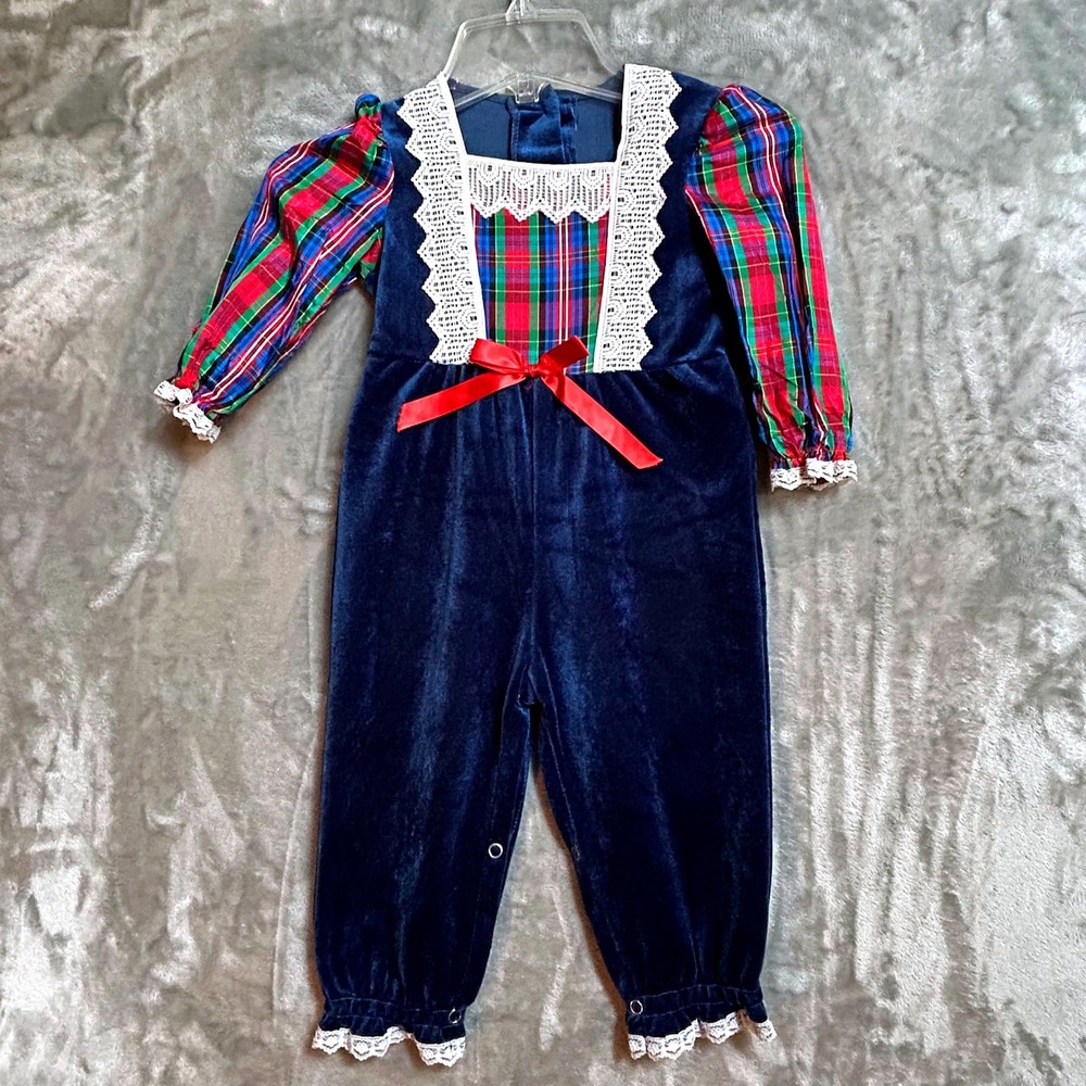 Vintage Evy Toddler Girls Navy Velvet Plaid Lace Trim Holiday Jumpsuit 24M USA